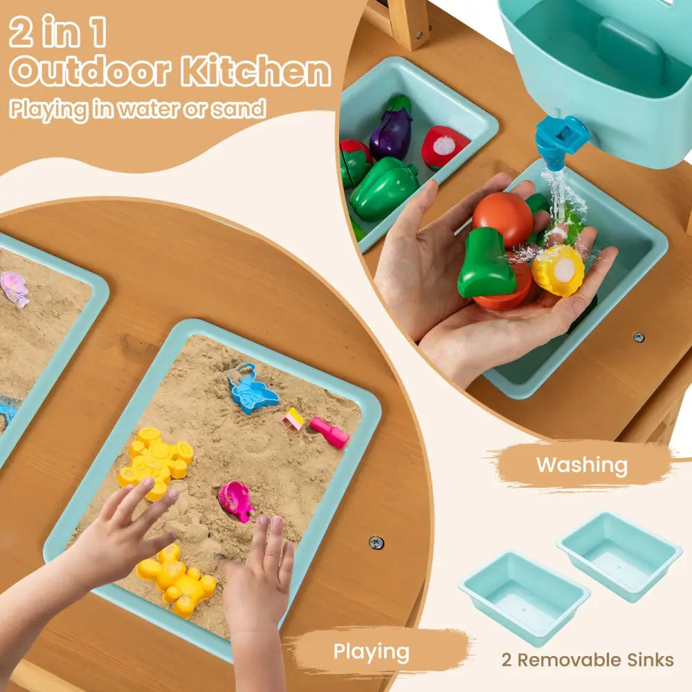 Outdoor Play Pretend Kitchen with Faucet and Removable Sinks for Children Aged 3+-Natural - Natural - Play Kitchen Sets