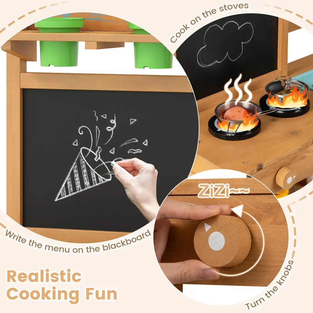 Outdoor Play Pretend Kitchen with Faucet and Removable Sinks for Children Aged 3+-Natural - Natural - Play Kitchen Sets