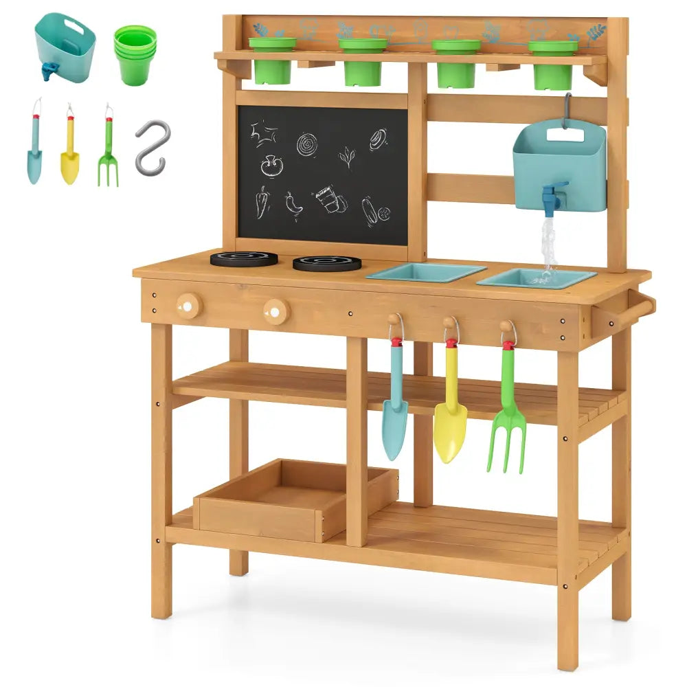 Outdoor Play Pretend Kitchen with Faucet and Removable Sinks for Children Aged 3+-Natural - Natural - Play Kitchen Sets
