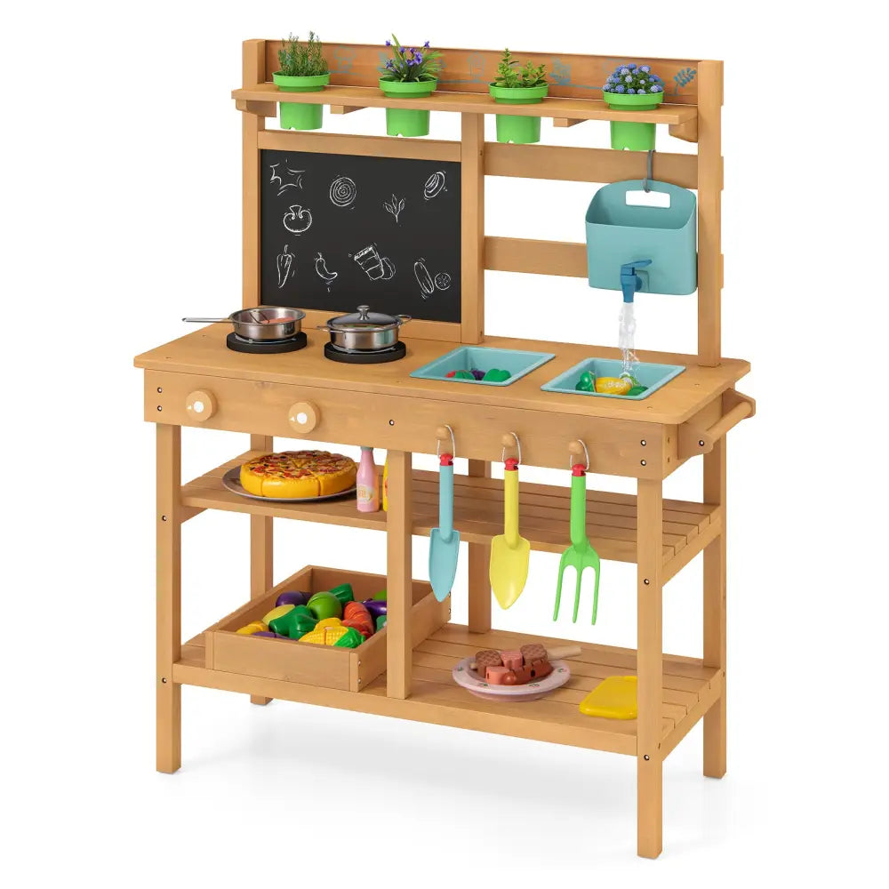 Outdoor Play Pretend Kitchen with Faucet and Removable Sinks for Children Aged 3+-Natural - Natural - Play Kitchen Sets