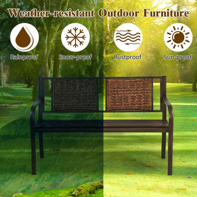 Outdoor Porch Furniture Patio Garden Bench Steel Frame Rattan - Bronze - Outdoor Benches