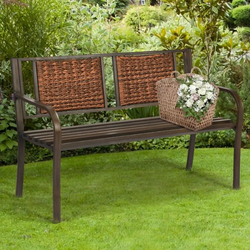 Outdoor Porch Furniture Patio Garden Bench Steel Frame Rattan - Bronze - Outdoor Benches