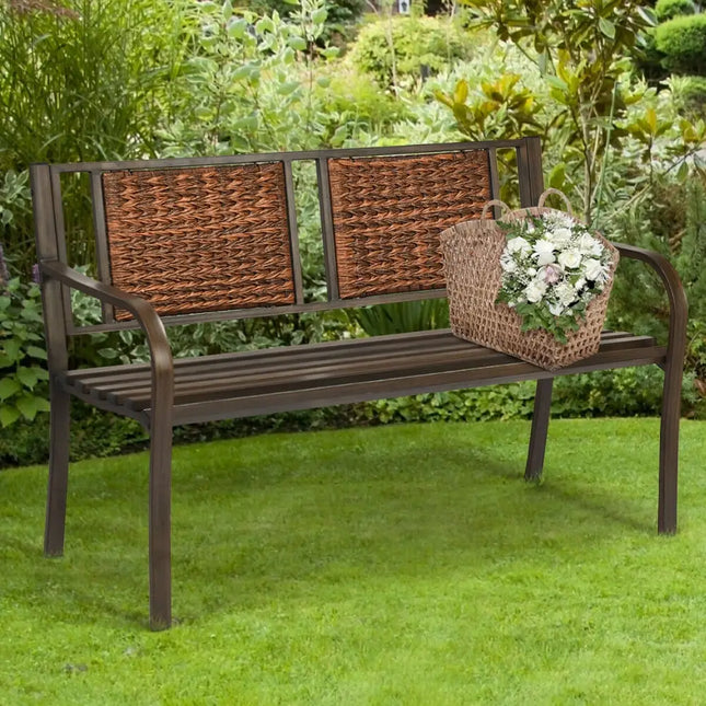 Outdoor Porch Furniture Patio Garden Bench Steel Frame Rattan - Bronze - Outdoor Benches