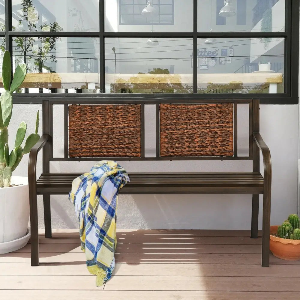 Outdoor Porch Furniture Patio Garden Bench Steel Frame Rattan - Bronze - Outdoor Benches