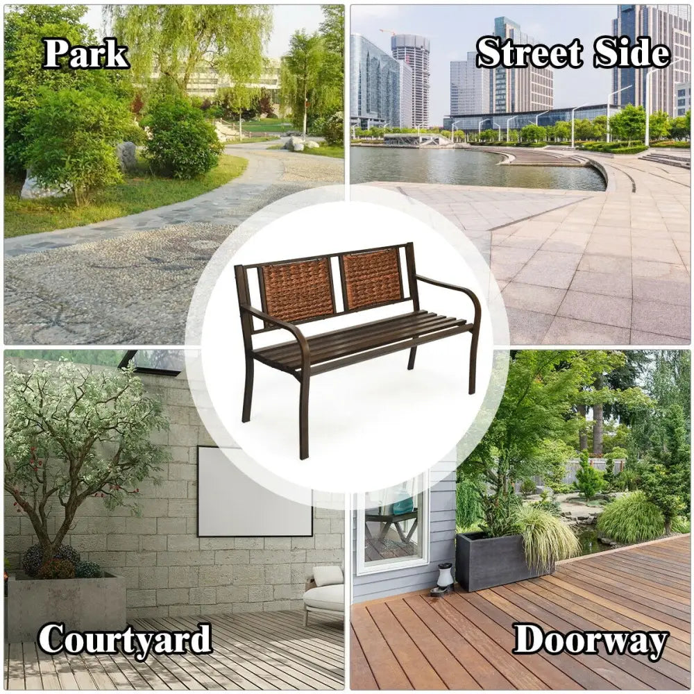 Outdoor Porch Furniture Patio Garden Bench Steel Frame Rattan - Bronze - Outdoor Benches