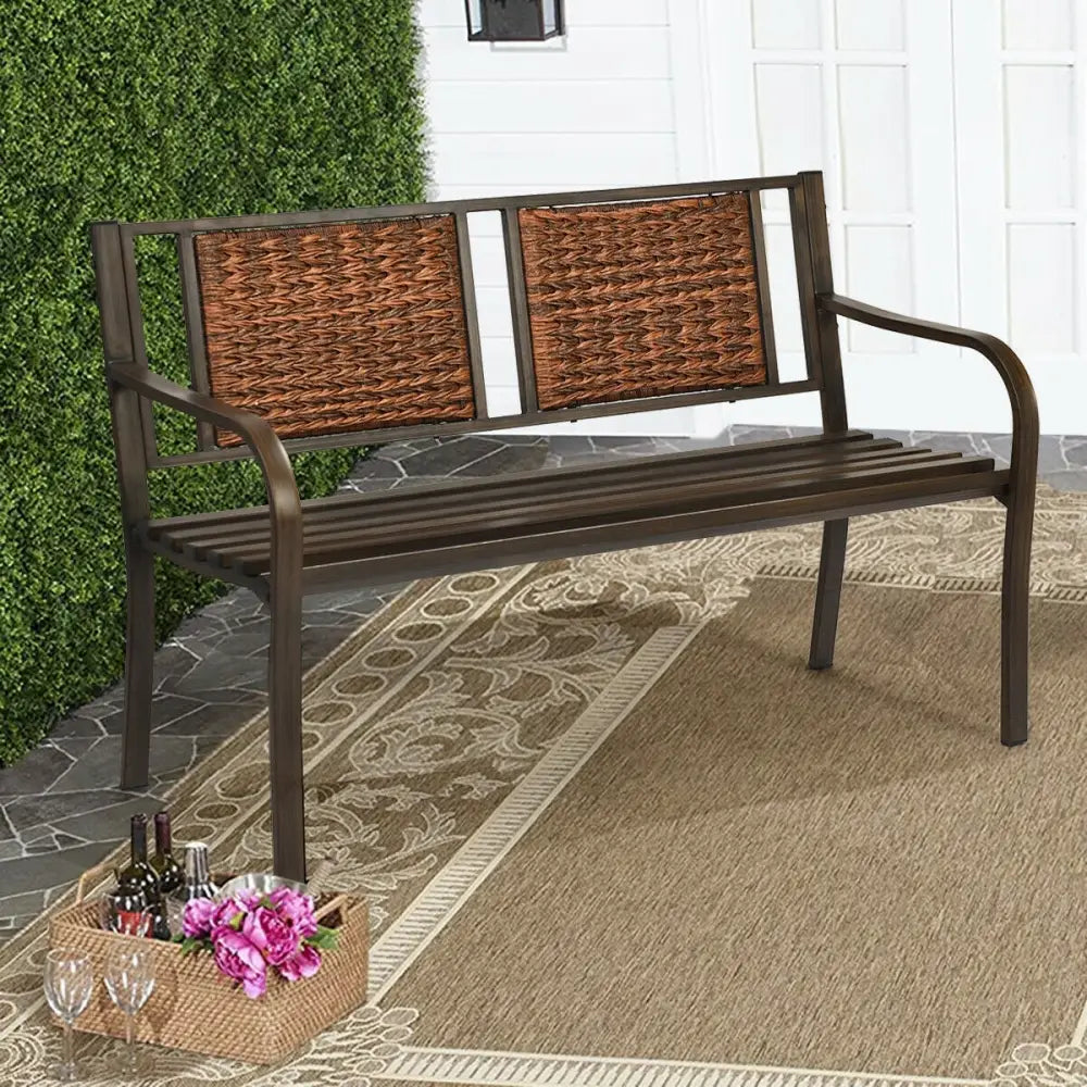 Outdoor Porch Furniture Patio Garden Bench Steel Frame Rattan - Bronze - Outdoor Benches