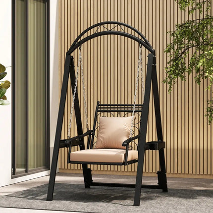 Outdoor Porch Swing with Removable Cushions and Side Tables for Garden Balcony-Black - Black - Porch Swings