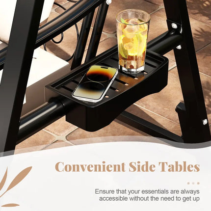 Outdoor Porch Swing with Removable Cushions and Side Tables for Garden Balcony-Black - Black - Porch Swings