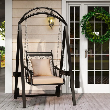 Outdoor Porch Swing with Removable Cushions and Side Tables for Garden Balcony-Black - Black - Porch Swings