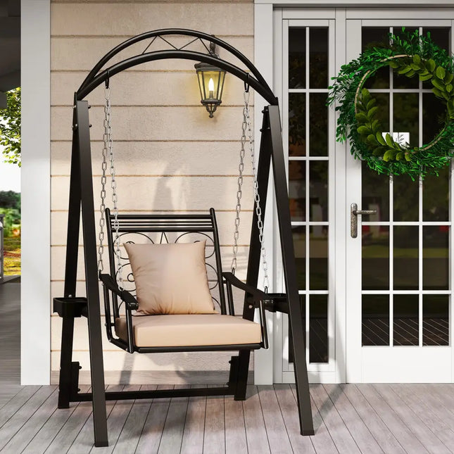 Outdoor Porch Swing with Removable Cushions and Side Tables for Garden Balcony-Black - Black - Porch Swings