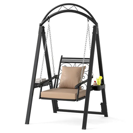 Outdoor Porch Swing with Removable Cushions and Side Tables for Garden Balcony-Black - Black - Porch Swings