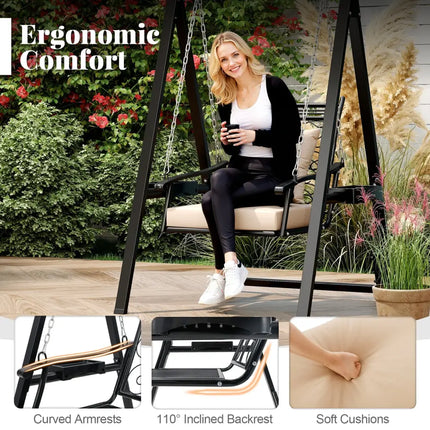 Outdoor Porch Swing with Removable Cushions and Side Tables for Garden Balcony-Black - Black - Porch Swings