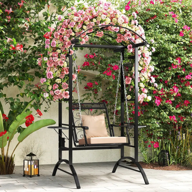 Outdoor Porch Swing with Stand and 2 Trellises for Adults-Black - Black - Porch Swings