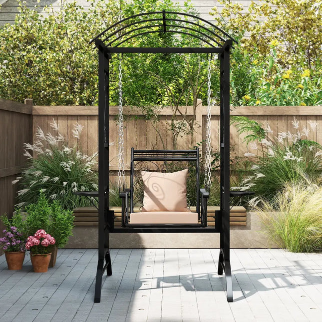 Outdoor Porch Swing with Stand and 2 Trellises for Adults-Black - Black - Porch Swings