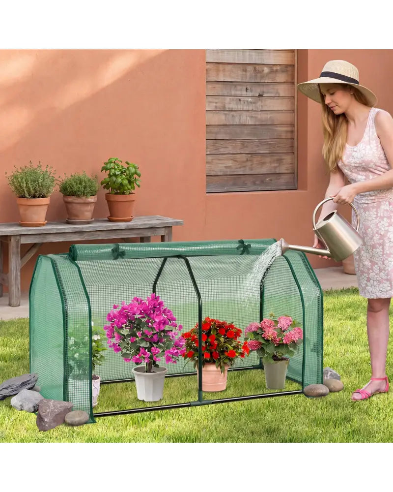 Outdoor Portable Mini Greenhouse with PE Cover and Zippered Door for Vegetables-Green - Green - Greenhouses
