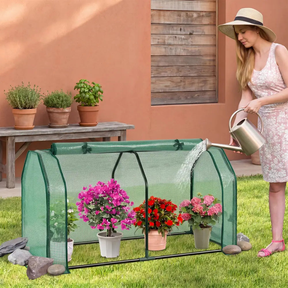 Outdoor Portable Mini Greenhouse with PE Cover and Zippered Door for Vegetables-Green - Green - Greenhouses