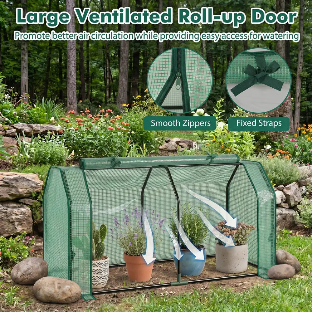 Outdoor Portable Mini Greenhouse with PE Cover and Zippered Door for Vegetables-Green - Green - Greenhouses