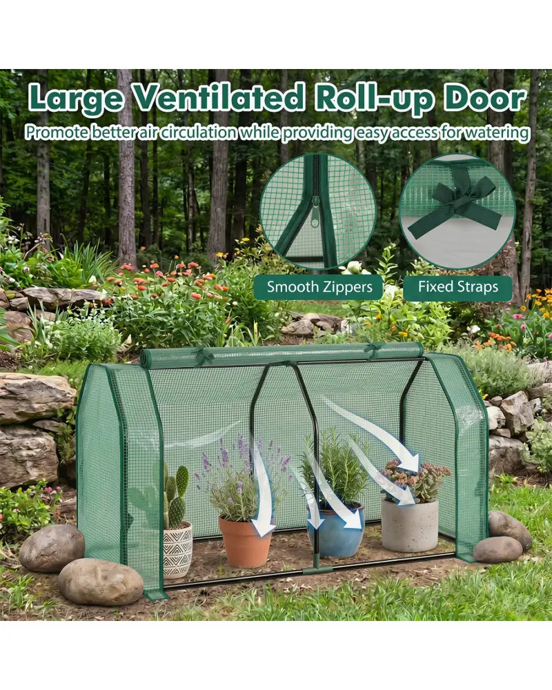 Outdoor Portable Mini Greenhouse with PE Cover and Zippered Door for Vegetables-Green - Green - Greenhouses