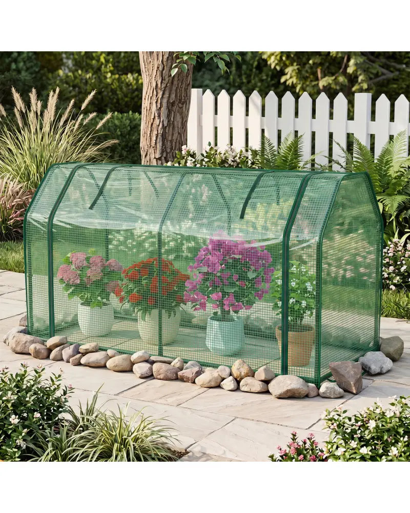 Outdoor Portable Mini Greenhouse with PE Cover and Zippered Door for Vegetables-Green - Green - Greenhouses