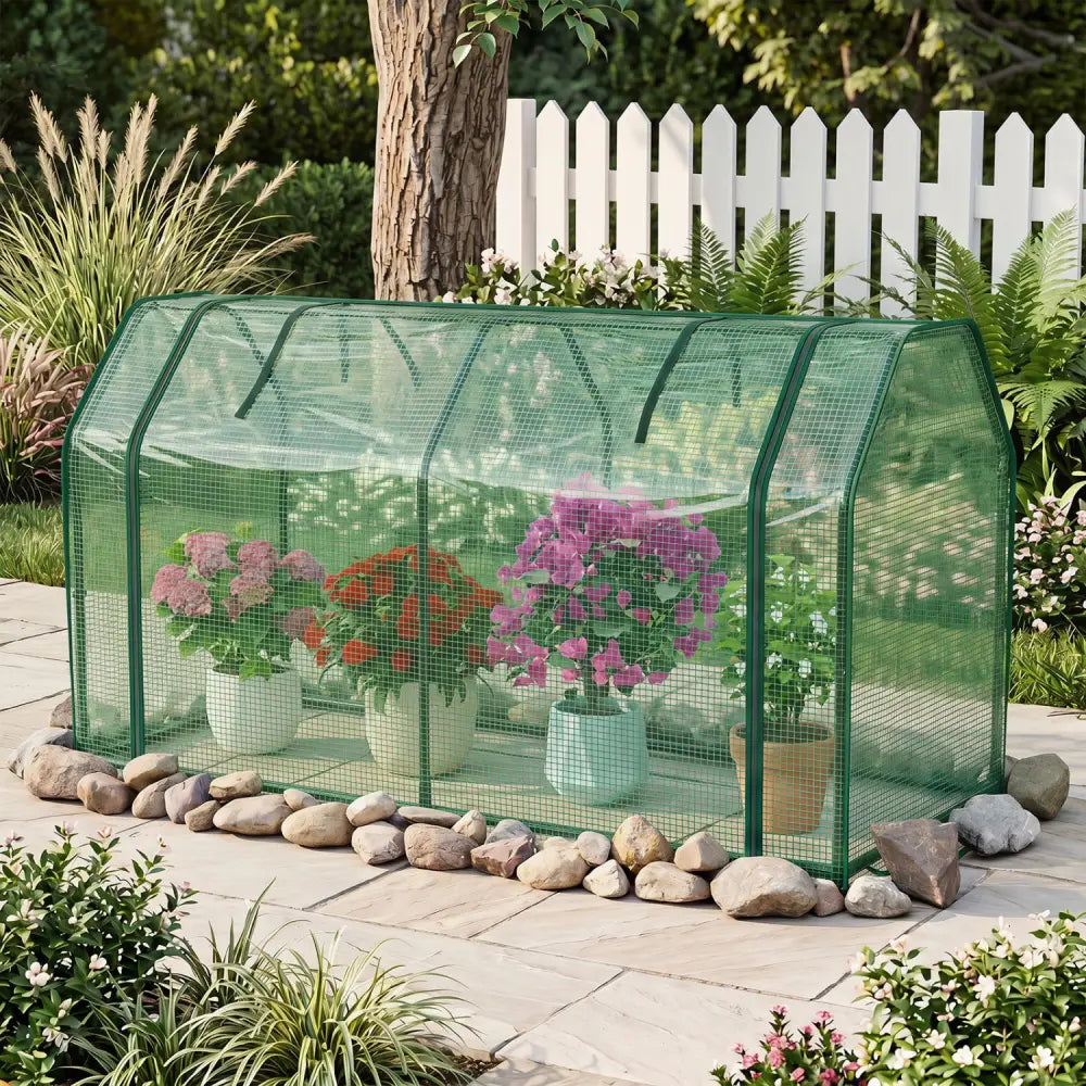 Outdoor Portable Mini Greenhouse with PE Cover and Zippered Door for Vegetables-Green - Green - Greenhouses