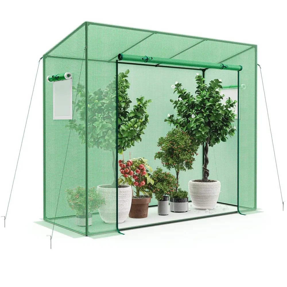 Outdoor Portable Walk-in Greenhouse with PE Cover Heavy-Duty Metal Frame Roll-up Zipper Door - Green - Greenhouses