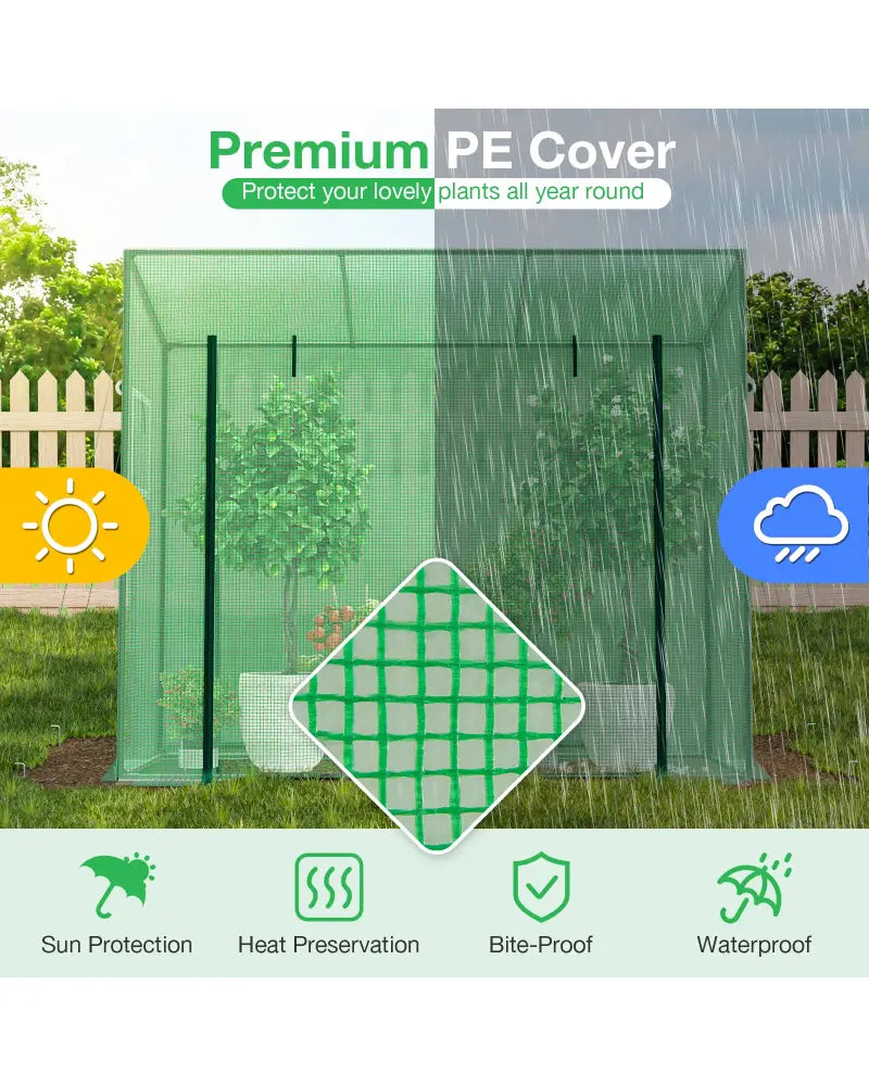Outdoor Portable Walk-in Greenhouse with PE Cover Heavy-Duty Metal Frame Roll-up Zipper Door - Green - Greenhouses
