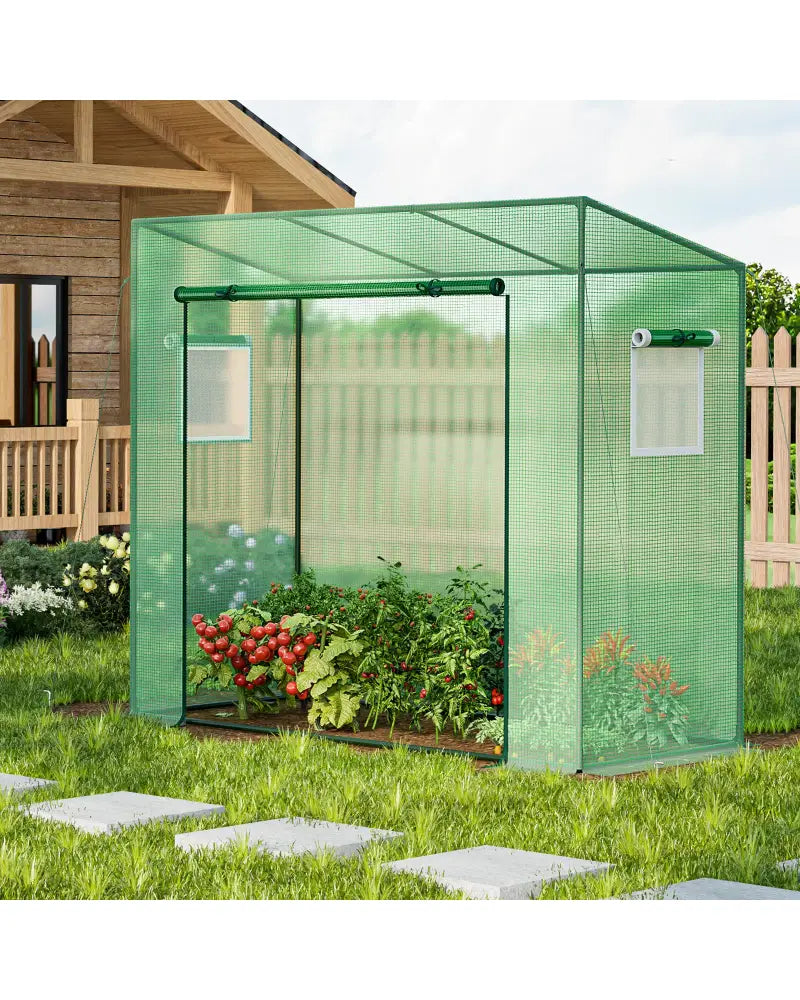 Outdoor Portable Walk-in Greenhouse with PE Cover Heavy-Duty Metal Frame Roll-up Zipper Door - Green - Greenhouses