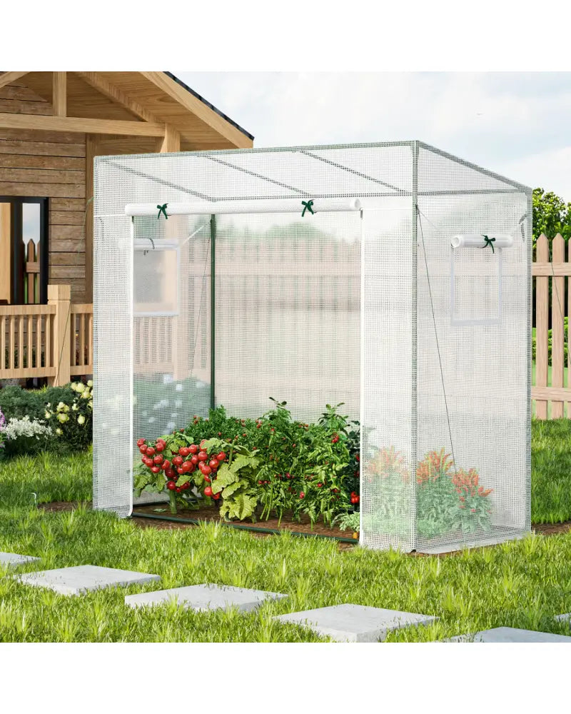 Outdoor Portable Walk-in Greenhouse with PE Cover Roll-up Zipper Door-White - White - Greenhouses