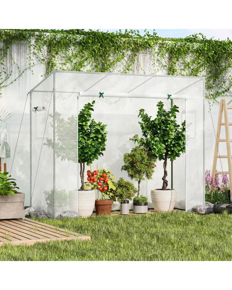 Outdoor Portable Walk-in Greenhouse with PE Cover Roll-up Zipper Door-White - White - Greenhouses