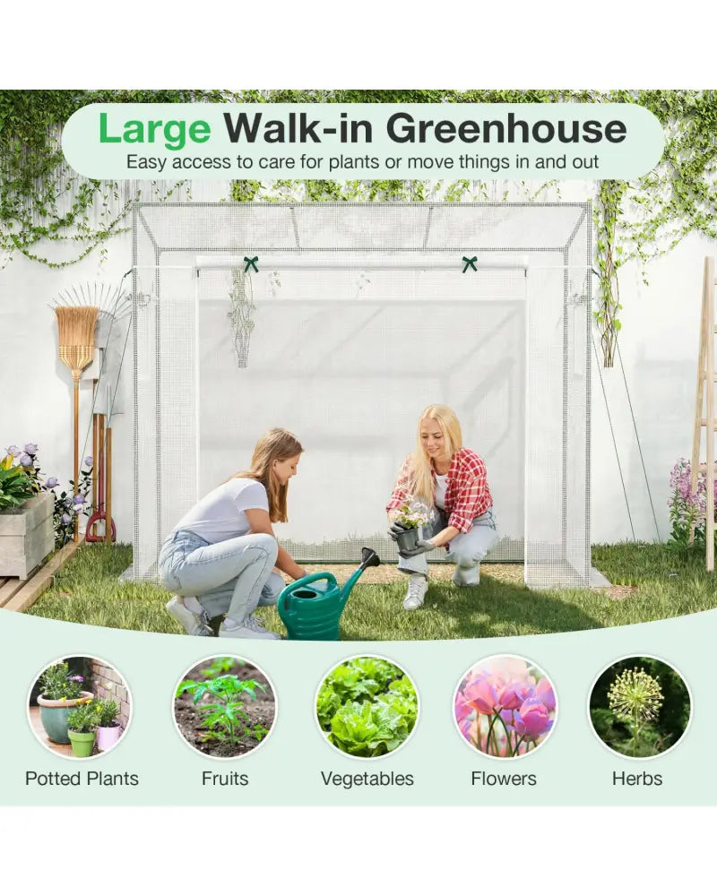 Outdoor Portable Walk-in Greenhouse with PE Cover Roll-up Zipper Door-White - White - Greenhouses