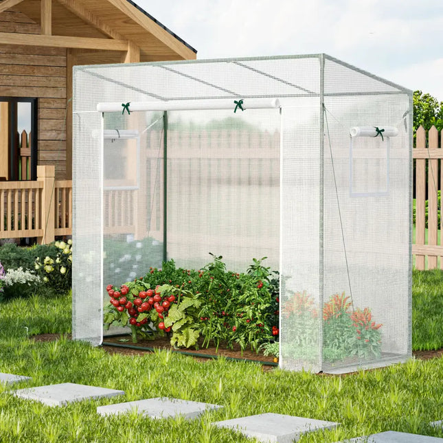 Outdoor Portable Walk-in Greenhouse with PE Cover Roll-up Zipper Door-White - White - Greenhouses