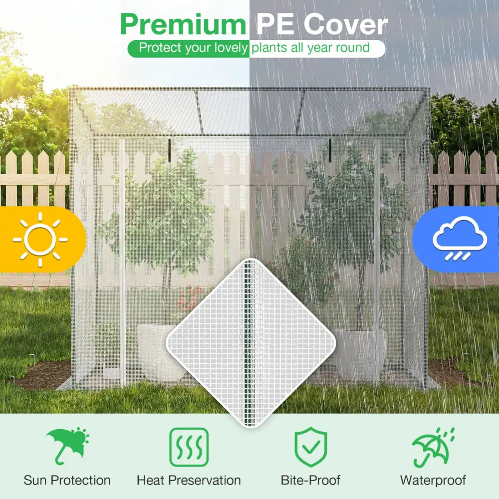 Outdoor Portable Walk-in Greenhouse with PE Cover Roll-up Zipper Door-White - White - Greenhouses
