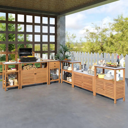 Outdoor Potting Bench Acacia Wood Garden Potting Table Planting Work Bench Station with Louvered Doors - Natural