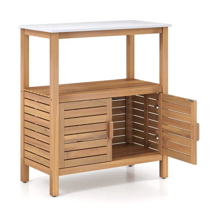 Outdoor Potting Bench Acacia Wood Garden Potting Table Planting Work Bench Station with Louvered Doors - Natural