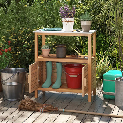Outdoor Potting Bench Acacia Wood Garden Potting Table Planting Work Bench Station with Louvered Doors - Natural