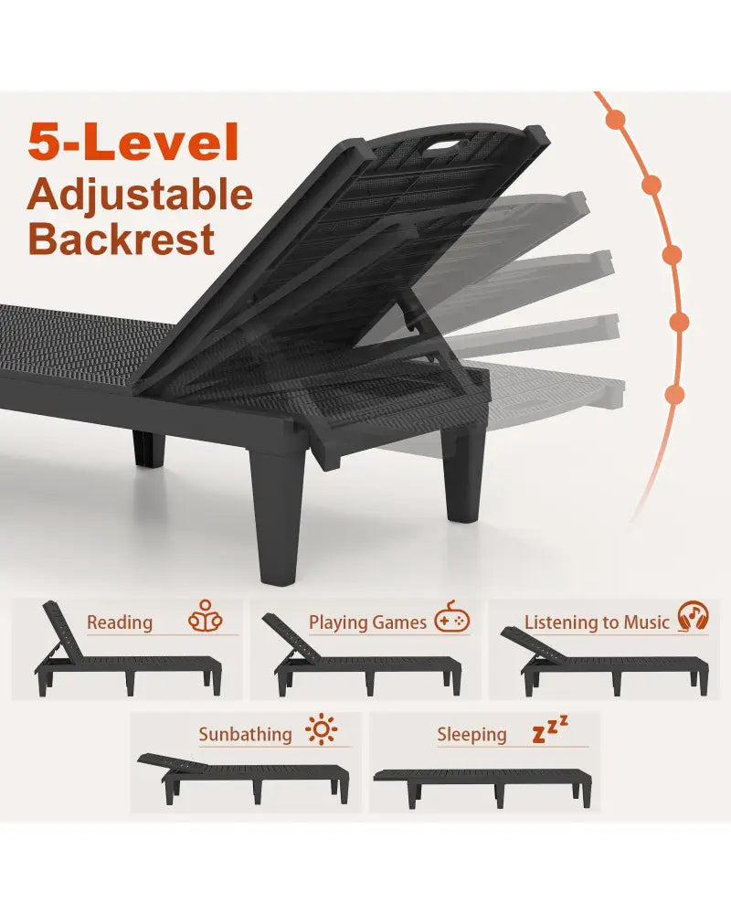 Outdoor PP Chaise Lounge Chairs Set of 2 with 4-Position Adjustable Backrests-Black - Black - Outdoor Chaise Lounges