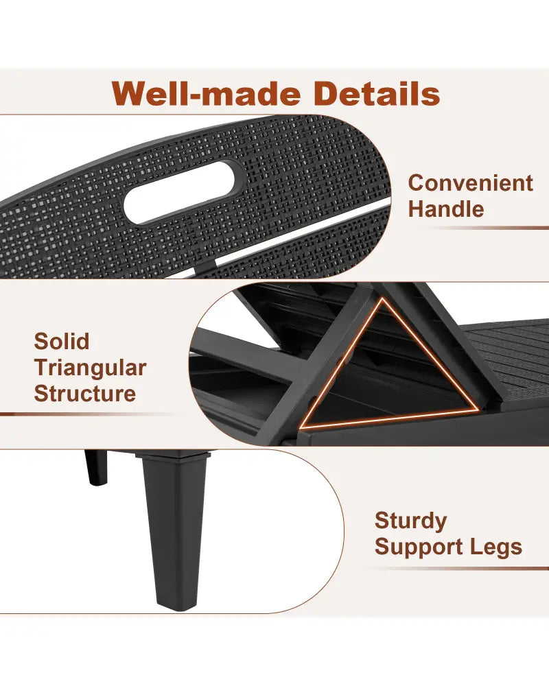 Outdoor PP Chaise Lounge Chairs Set of 2 with 4-Position Adjustable Backrests-Black - Black - Outdoor Chaise Lounges