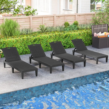 Outdoor PP Chaise Lounge Chairs Set of 2 with 4-Position Adjustable Backrests-Black - Black - Outdoor Chaise Lounges