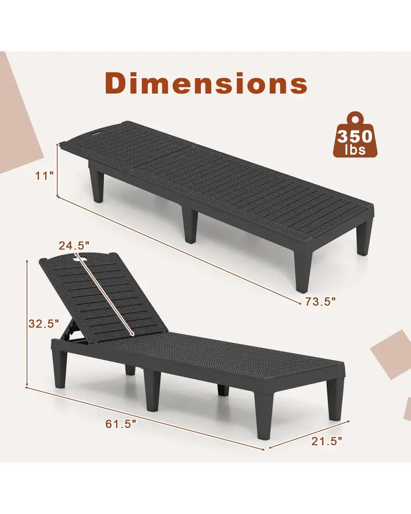 Outdoor PP Chaise Lounge Chairs Set of 2 with 4-Position Adjustable Backrests-Black - Black - Outdoor Chaise Lounges