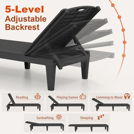 Outdoor PP Chaise Lounge Chairs Set of 2 with 4-Position Adjustable Backrests-Black - Black - Outdoor Chaise Lounges