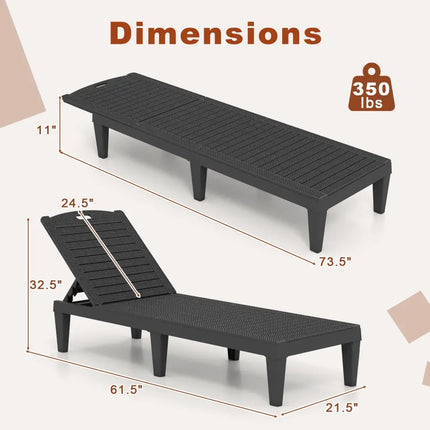 Outdoor PP Chaise Lounge Chairs Set of 2 with 4-Position Adjustable Backrests-Black - Black - Outdoor Chaise Lounges
