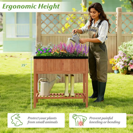 Outdoor Raised Garden Bed Fir Wood Planter Box with Bottom Storage Shelf and Protective Liner-Brown - Brown - Raised