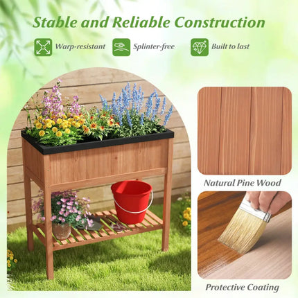 Outdoor Raised Garden Bed Fir Wood Planter Box with Bottom Storage Shelf and Protective Liner-Brown - Brown - Raised