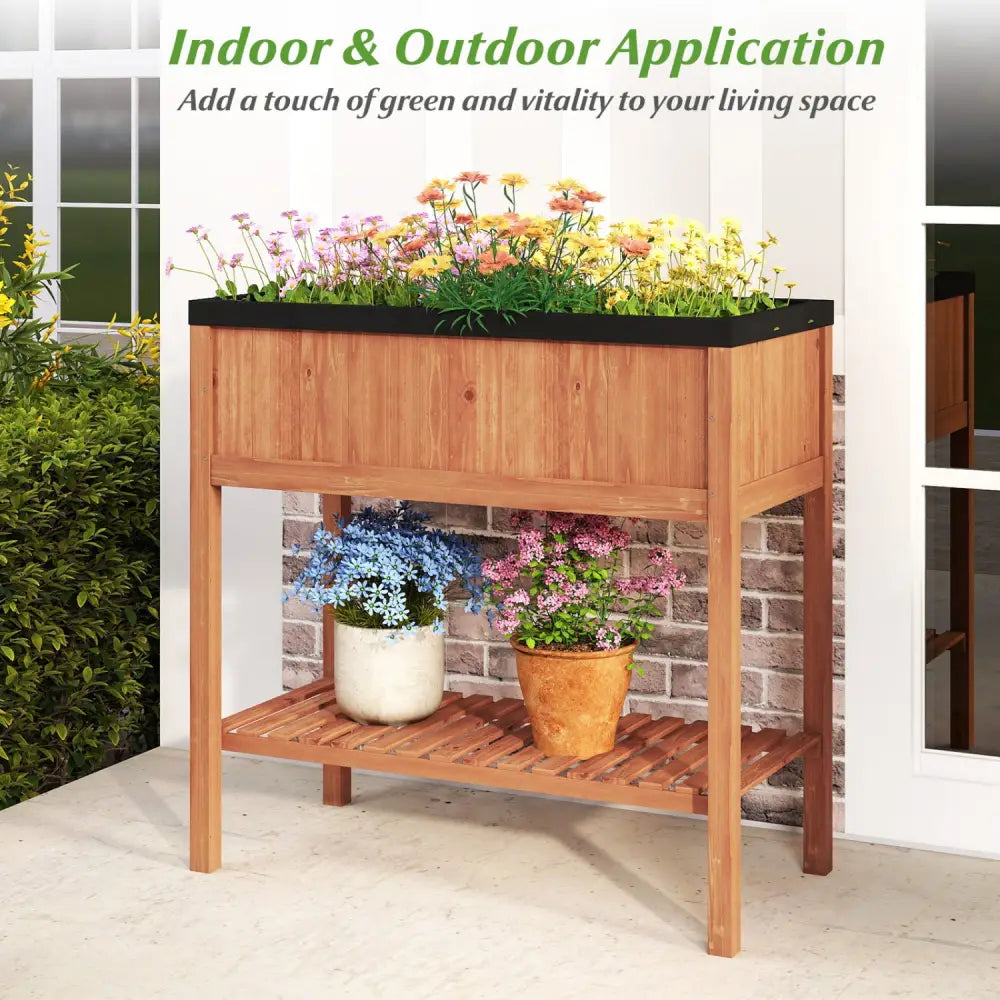 Outdoor Raised Garden Bed Fir Wood Planter Box with Bottom Storage Shelf and Protective Liner-Brown - Brown - Raised