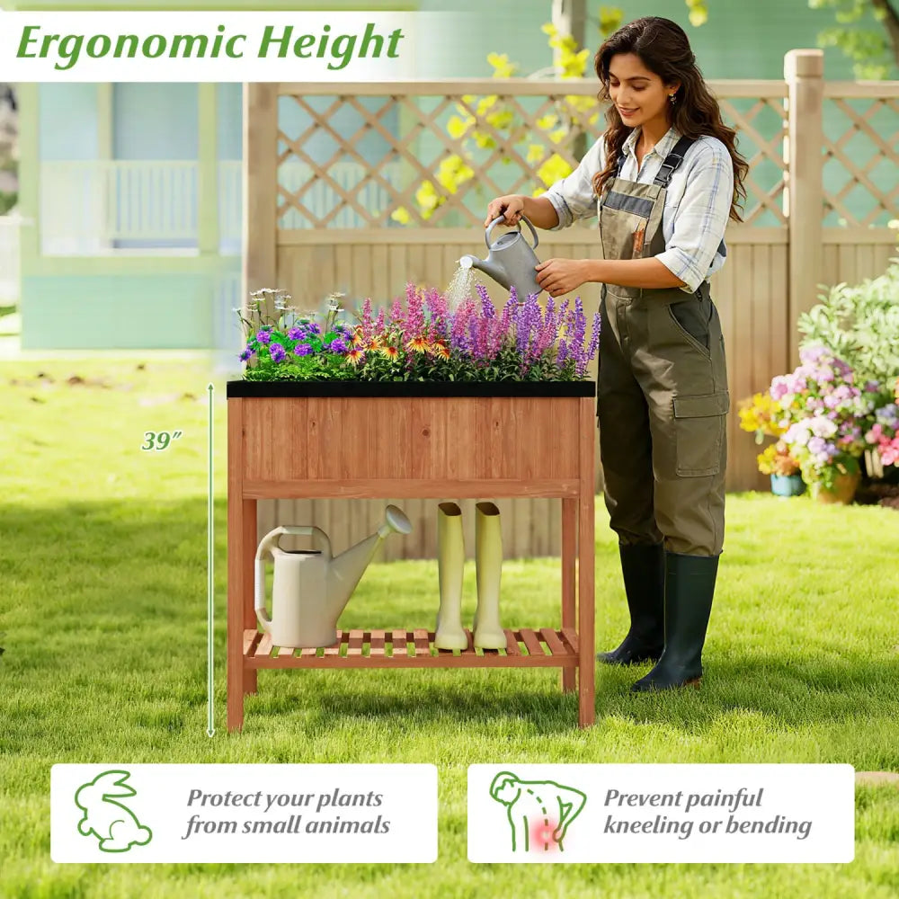 Outdoor Raised Garden Bed Fir Wood Planter Box with Bottom Storage Shelf and Protective Liner-Brown - Brown - Raised