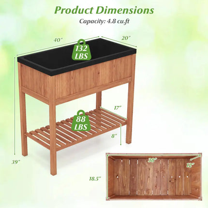 Outdoor Raised Garden Bed Fir Wood Planter Box with Bottom Storage Shelf and Protective Liner-Brown - Brown - Raised