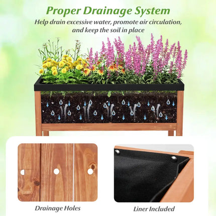 Outdoor Raised Garden Bed Fir Wood Planter Box with Bottom Storage Shelf and Protective Liner-Brown - Brown - Raised