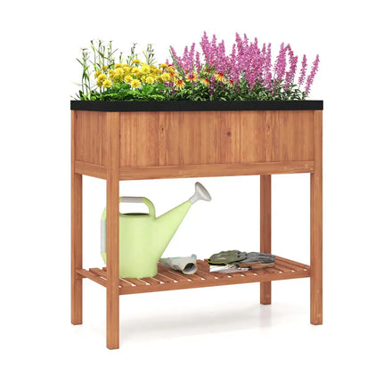 Outdoor Raised Garden Bed Fir Wood Planter Box with Bottom Storage Shelf and Protective Liner-Brown - Brown - Raised