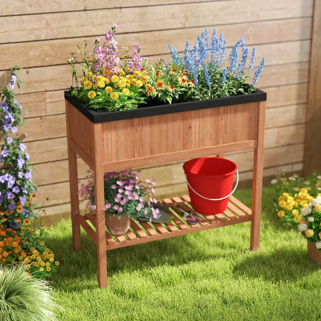 Outdoor Raised Garden Bed Fir Wood Planter Box with Bottom Storage Shelf and Protective Liner-Brown - Brown - Raised