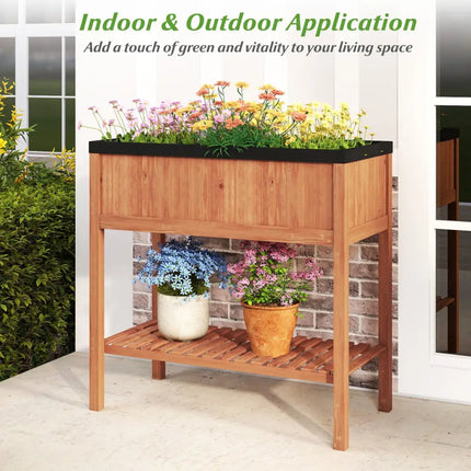 Outdoor Raised Garden Bed Fir Wood Planter Box with Bottom Storage Shelf and Protective Liner-Brown - Brown - Raised
